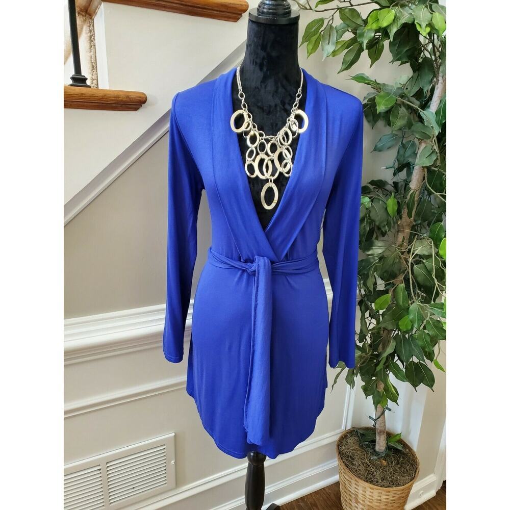 Romantic Hut Women's Solid Blue Polyester V-Neck Long Sleeve Knee Length Dress M